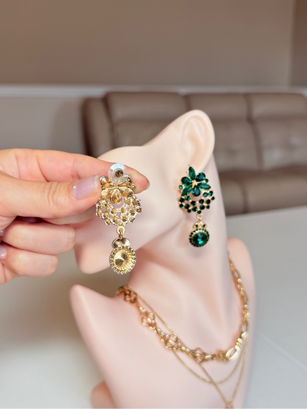 Gold & Green Crystal Floral Drop Earrings - Picture 5 of 10